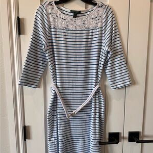 Striped Blue and White Ralph Lauren Dress with Lace and Belt Detail